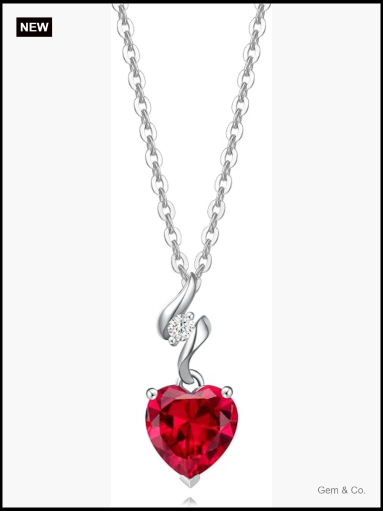 14k Solid White Gold Diamond Ruby Heart Pendant Necklace